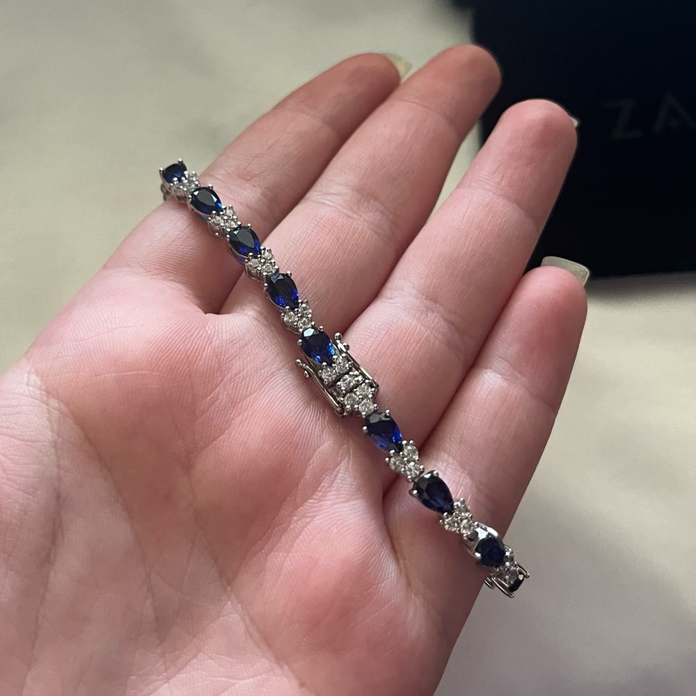 ZALES | Pear-Shaped Blue and White Sapphire Trios Bracelet in Sterling Silver - Picture 5 of 8